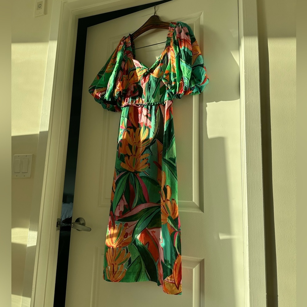 Farm Rio Multicolor Banana Foliage Puff Sleeve Midi Dress - Picture 5 of 12